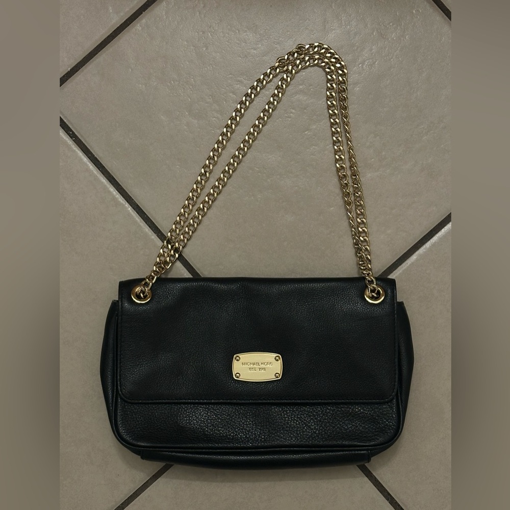Michael Kors Black Leather Shoulder Bag with Gold Chain Strap